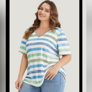 BloomChic Plus Size 5XL Striped Multicolor Contrast V Neck us28